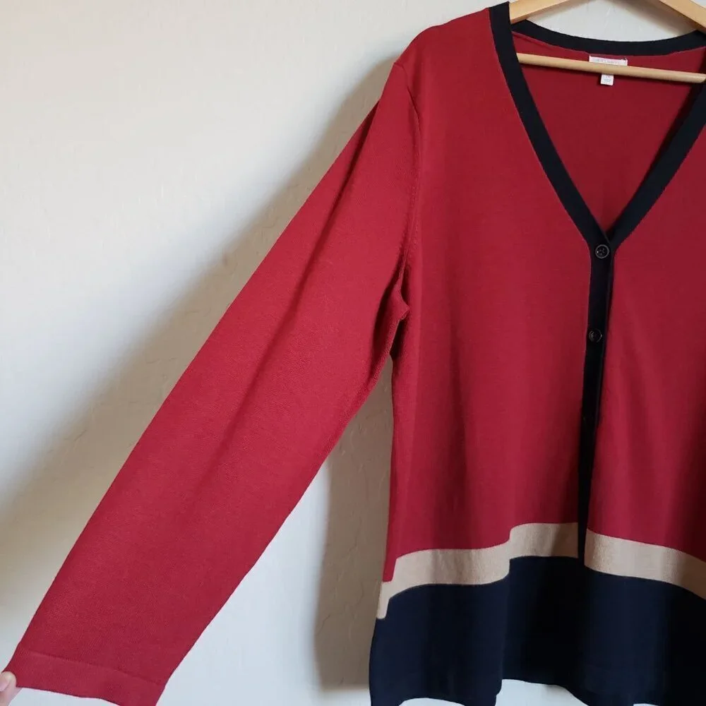 Talbots V-Neck Button Front Colorblock Cardigan Sweater Burgundy Women's 2X Plus